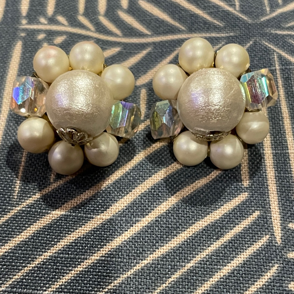 Vintage Pearl And Ab Crystal Clip Earrings
